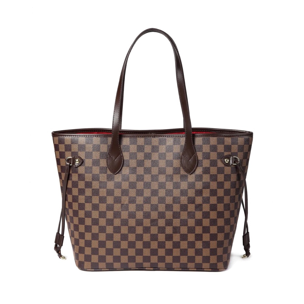 Daisy Rose Checkered Tote Shoulder Bag with Inner Pouch - PU Vegan Leather Brown